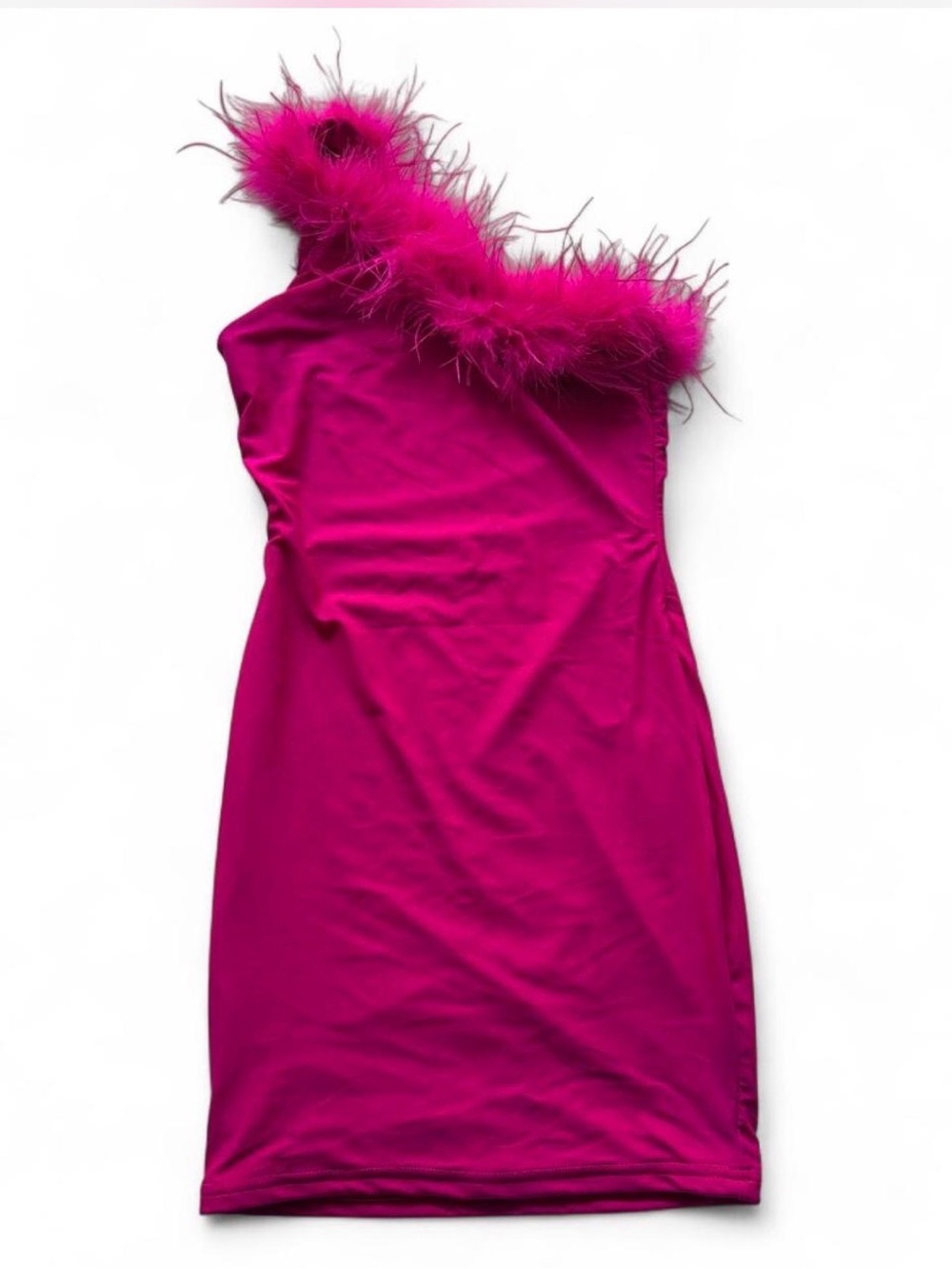Superdown Fuchsia One-Shoulder Feather Trim Bodycon Dress. | Size: S